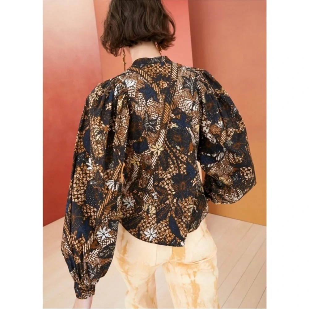 Ulla Johnson Prudence Blouse Bronze Floral Size 2 Puff Sleeves Neutral Top Shirt